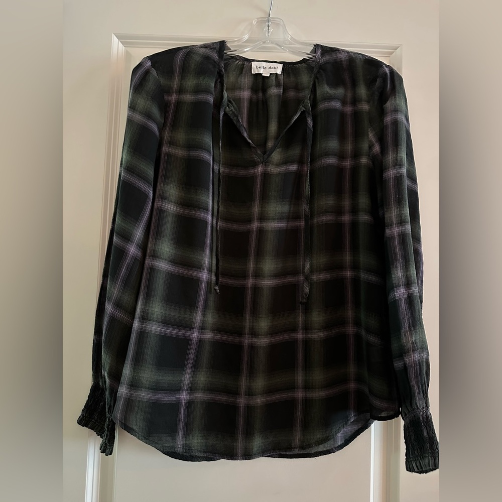 Bella Dahl Black and Green Plaid Long-Sleeve Top
